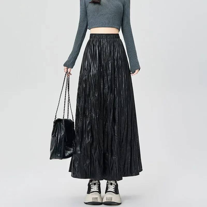 Korean Street Fashion Female - New Pleated Pu Leather Skirts Women