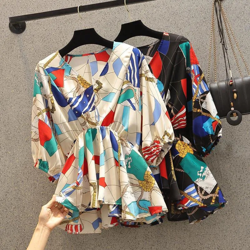Korean Street Fashion Female - Geometric Printing Chiffon High Street V-Neck