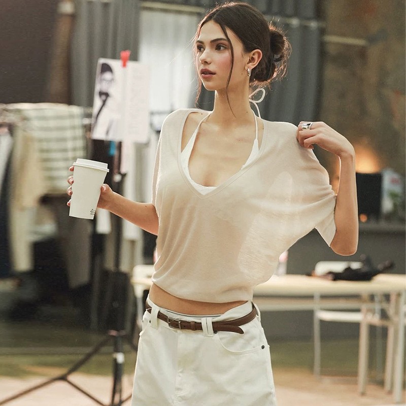 Pink Blouse Loose Fit V Neck S - Fashion Streetwear incelemesi ve fiyatı