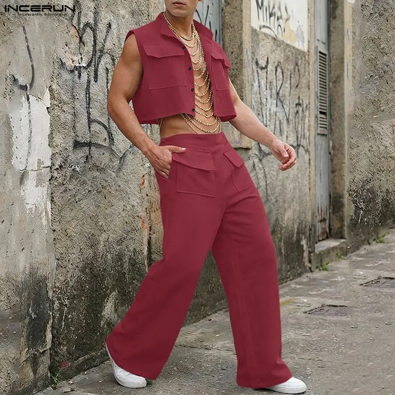 INCERUN Men Sets Solid Sleevel - Fashion Streetwear incelemesi ve fiyatı