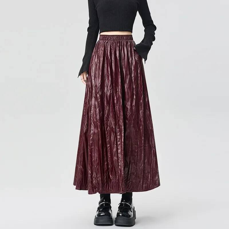 New Pleated Pu Leather Skirts  - Korean Street Fashion Female incelemesi ve fiyatı