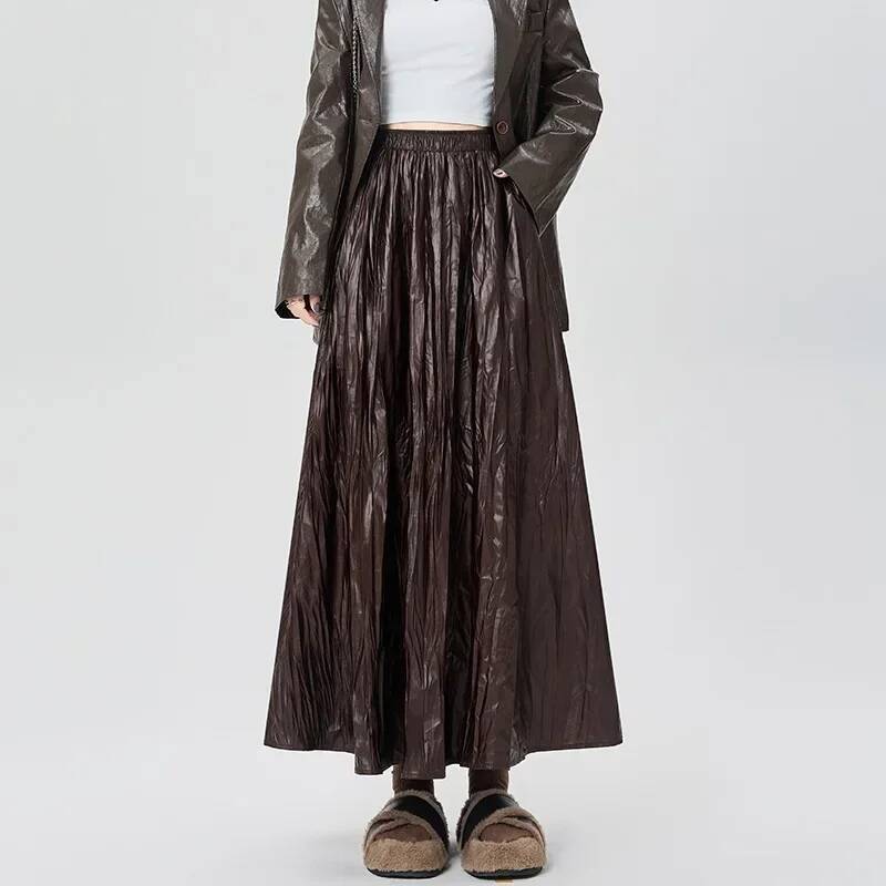 New Pleated Pu Leather Skirts  - Korean Street Fashion Female incelemesi ve fiyatı