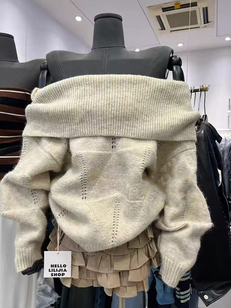 Fashion Slash Neck Knit Sweate - Korean Street Fashion Female incelemesi ve fiyatı