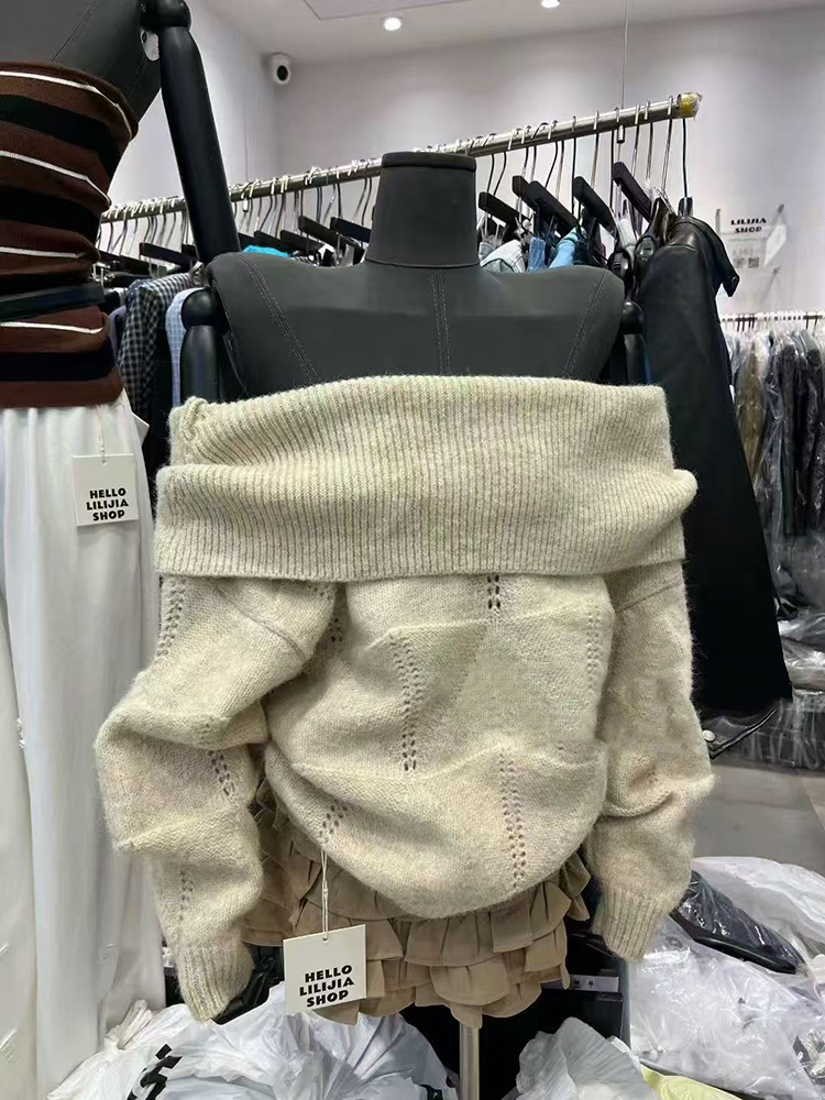 Fashion Slash Neck Knit Sweate - Korean Street Fashion Female incelemesi ve fiyatı